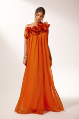 Tek Omuz Fırfır Detaylı Turuncu Maxi Abiye Elbise Zalle
