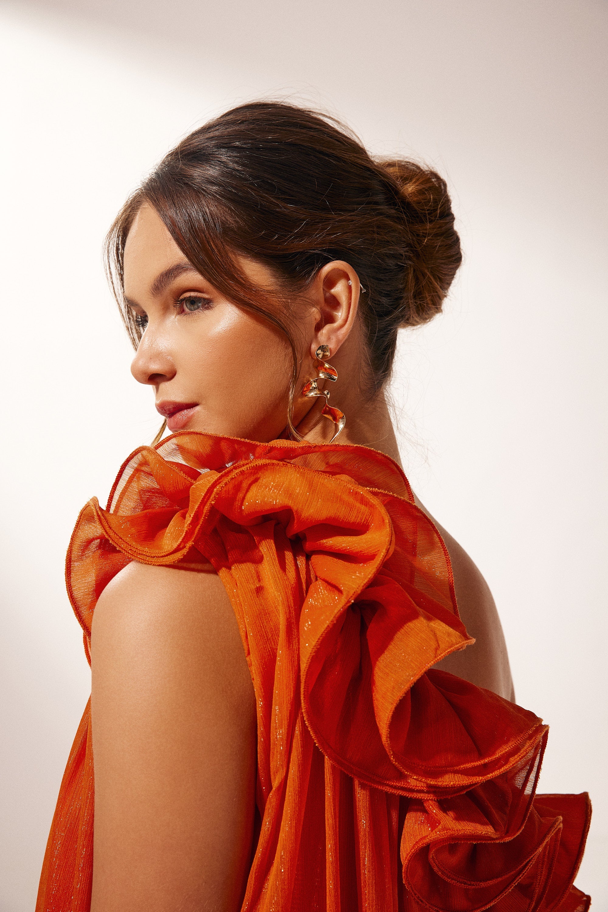 Tek Omuz Fırfır Detaylı Turuncu Maxi Abiye Elbise Zalle