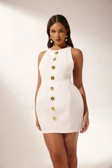 Altın Düğme Detaylı Halter Yaka Mini Elbise Zalle