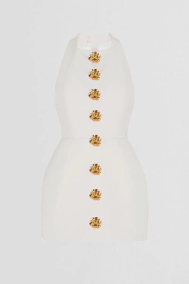 Altın Düğme Detaylı Halter Yaka Mini Elbise Zalle