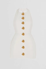 Altın Düğme Detaylı Halter Yaka Mini Elbise Zalle