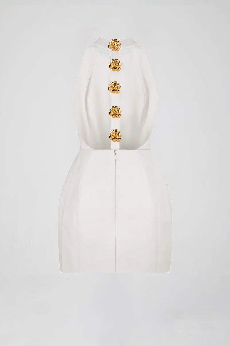 Altın Düğme Detaylı Halter Yaka Mini Elbise Zalle