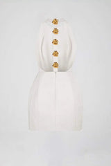 Altın Düğme Detaylı Halter Yaka Mini Elbise Zalle