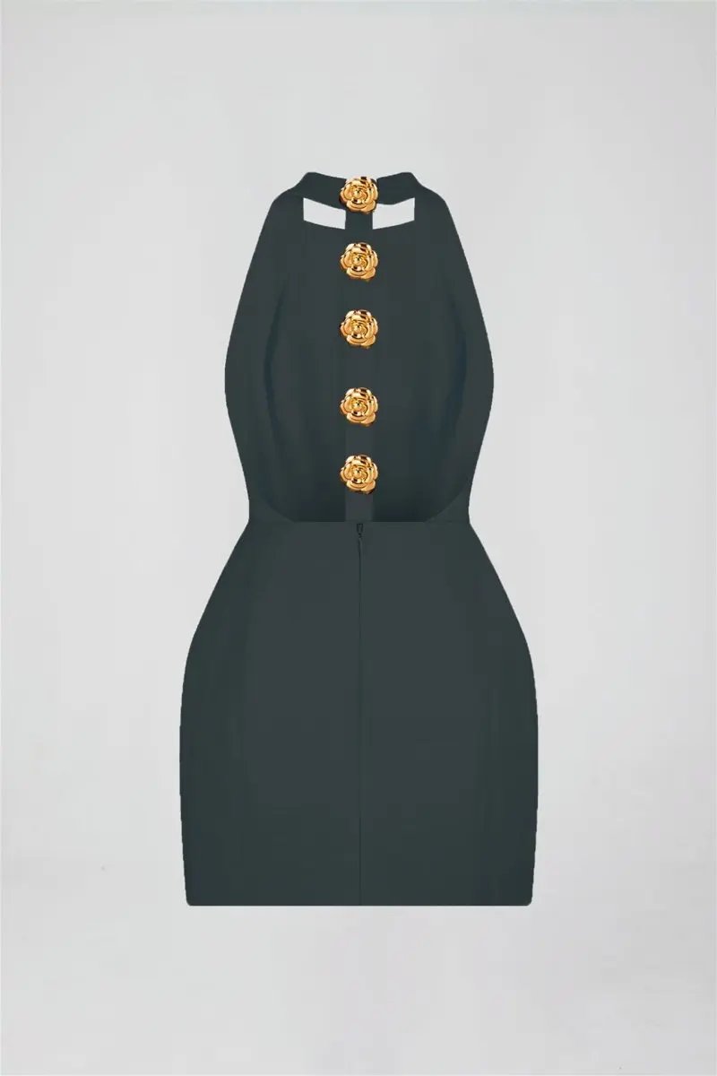 Altın Düğme Detaylı Halter Yaka Mini Elbise Zalle