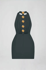 Altın Düğme Detaylı Halter Yaka Mini Elbise Zalle