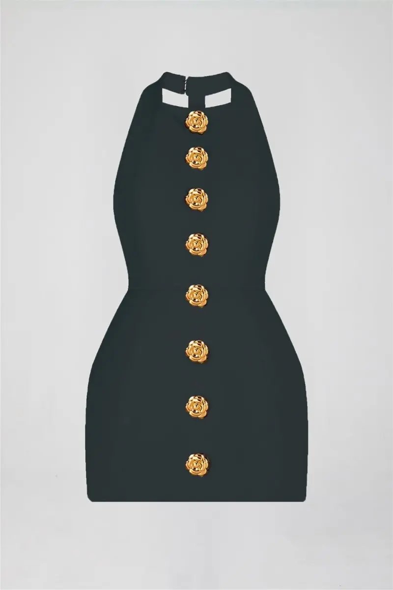 Altın Düğme Detaylı Halter Yaka Mini Elbise Zalle