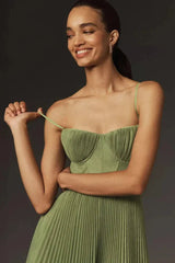 Askılı Büzgü Detaylı Yeşil Piliseli Elbise Zalle