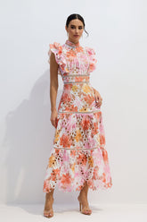 Çok Renkli Dantel Detaylı Yüksek Yaka Midi Elbise Zalle