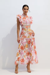 Çok Renkli Dantel Detaylı Yüksek Yaka Midi Elbise Zalle