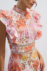 Çok Renkli Dantel Detaylı Yüksek Yaka Midi Elbise Zalle