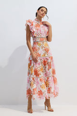 Çok Renkli Dantel Detaylı Yüksek Yaka Midi Elbise Zalle