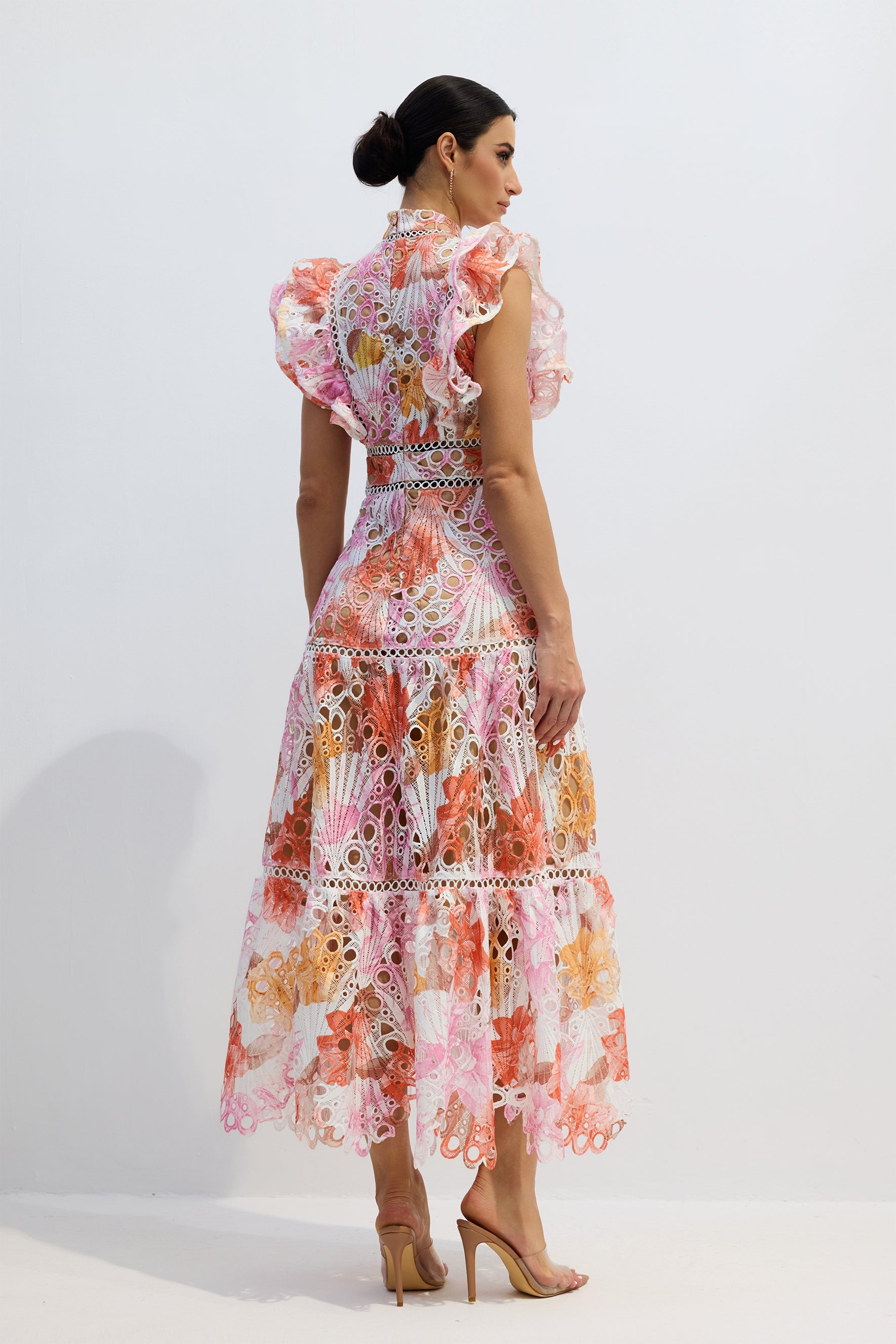 Çok Renkli Dantel Detaylı Yüksek Yaka Midi Elbise Zalle