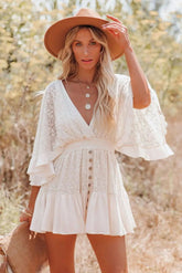 Dantel Detaylı Beyaz Bohem Mini Elbise Zalle