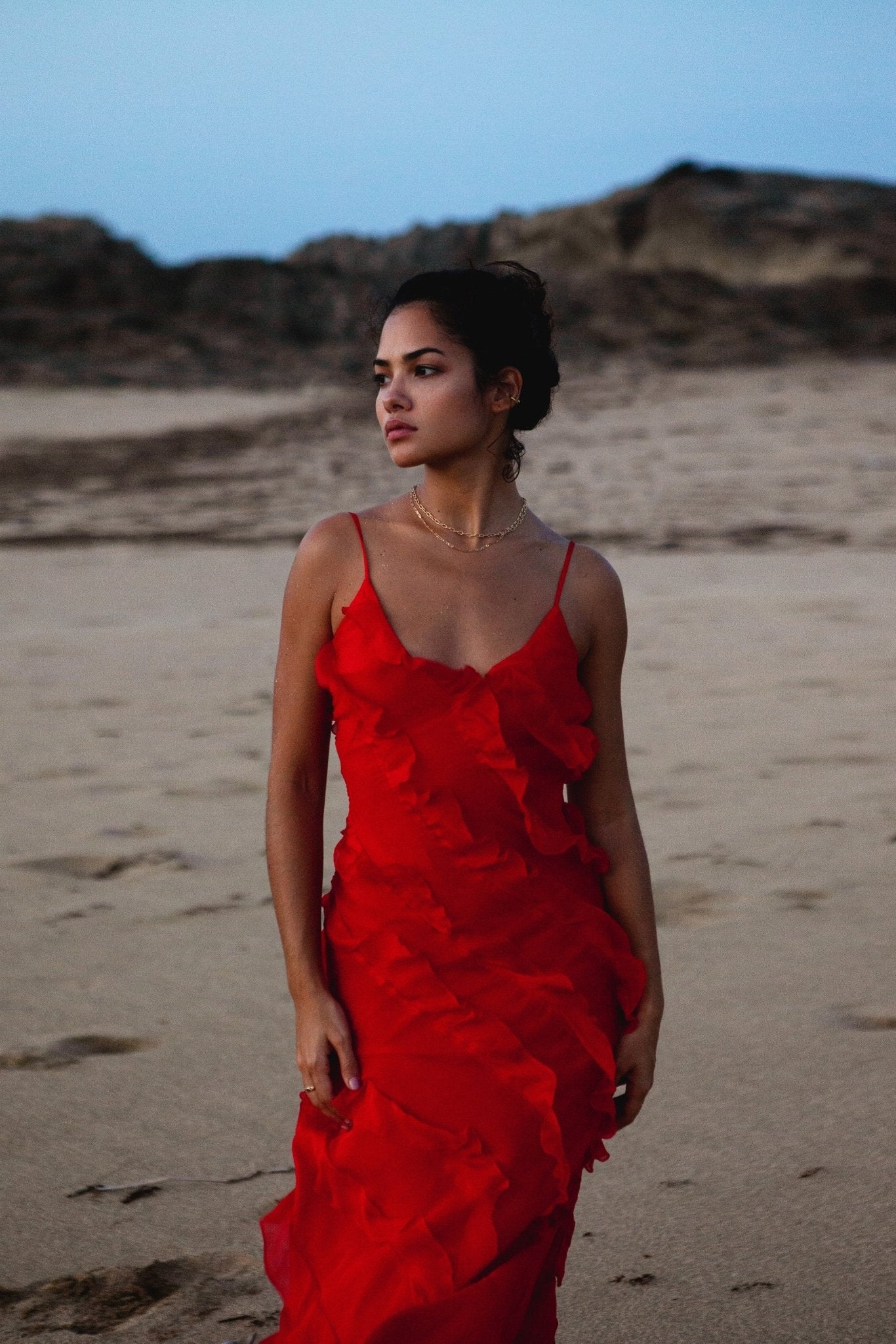 Fırfırlı Şifon Askılı Maxi Elbise Zalle