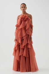 Kiremit Rengi Çiçek Aksesuarlı Maxi Elbise Zalle