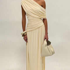 Krem Renkli Tek Omuz Pileli Maxi Elbise Zalle