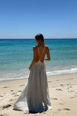 Lavinia Derin V Yaka Sırt Dekolteli Bej Şifon Uzun Elbise Zalle