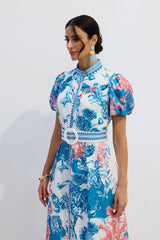 Mavi Beyaz Çiçek Desenli Kemerli Midi Elbise Zalle