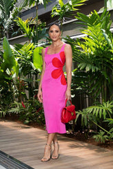 Pembe Kolsuz Çiçek Detaylı Yırtmaçlı Midi Elbise Zalle