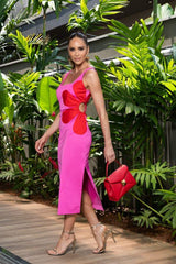 Pembe Kolsuz Çiçek Detaylı Yırtmaçlı Midi Elbise Zalle