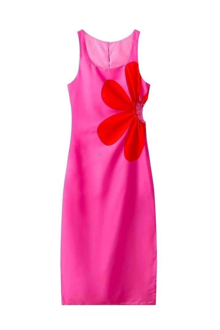 Pembe Kolsuz Çiçek Detaylı Yırtmaçlı Midi Elbise Zalle