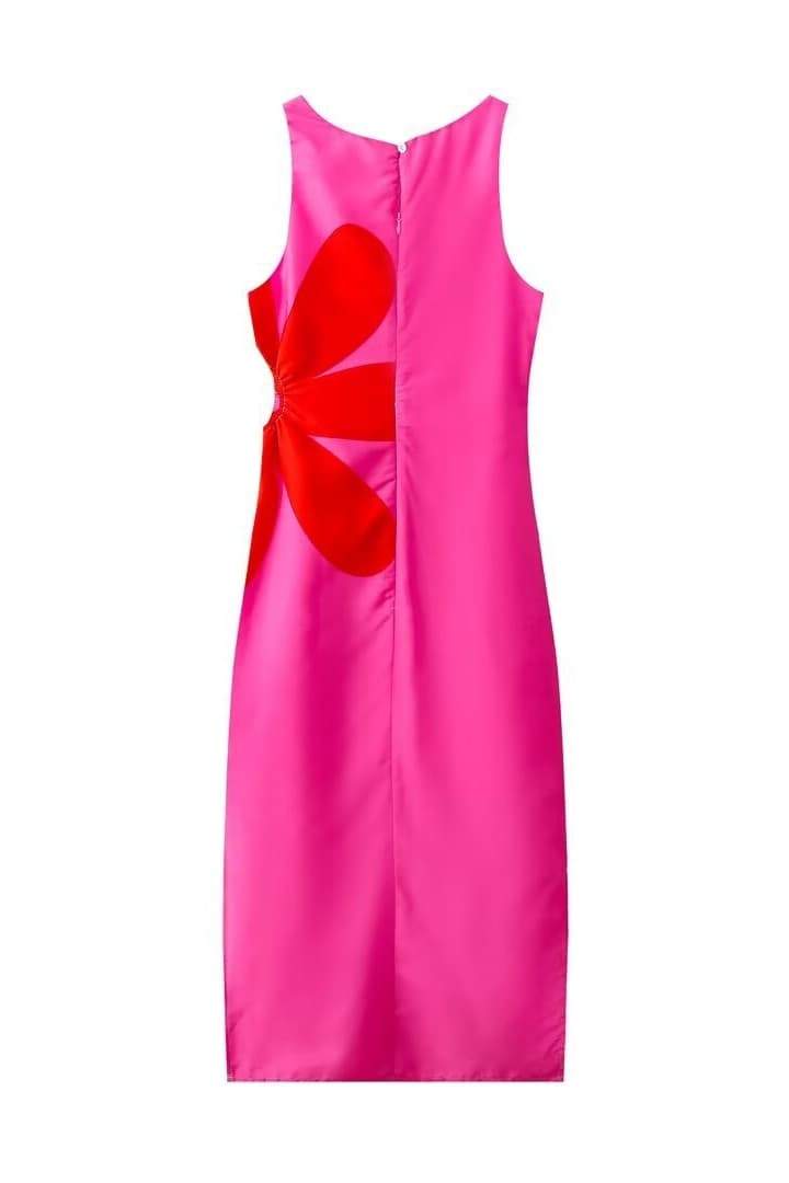 Pembe Kolsuz Çiçek Detaylı Yırtmaçlı Midi Elbise Zalle