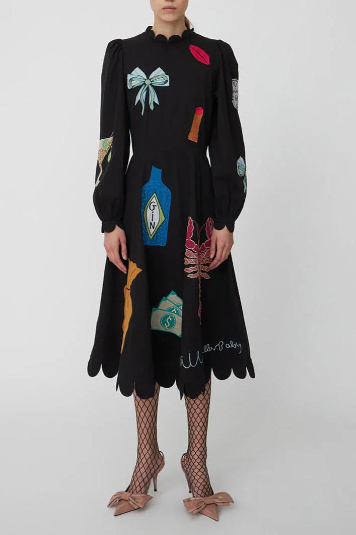 Renkli Aplike Detaylı Siyah Uzun Kollu Midi Elbise Zalle