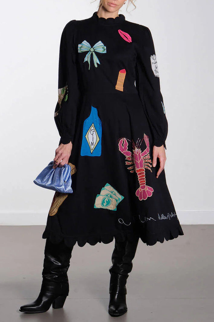 Renkli Aplike Detaylı Siyah Uzun Kollu Midi Elbise Zalle