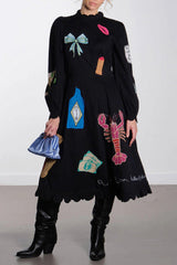 Renkli Aplike Detaylı Siyah Uzun Kollu Midi Elbise Zalle