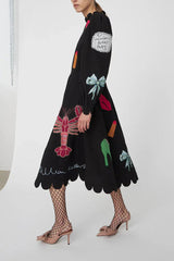 Renkli Aplike Detaylı Siyah Uzun Kollu Midi Elbise Zalle