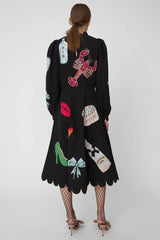 Renkli Aplike Detaylı Siyah Uzun Kollu Midi Elbise Zalle