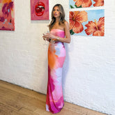 Renkli Desenli Straplez Maxi Elbise Zalle