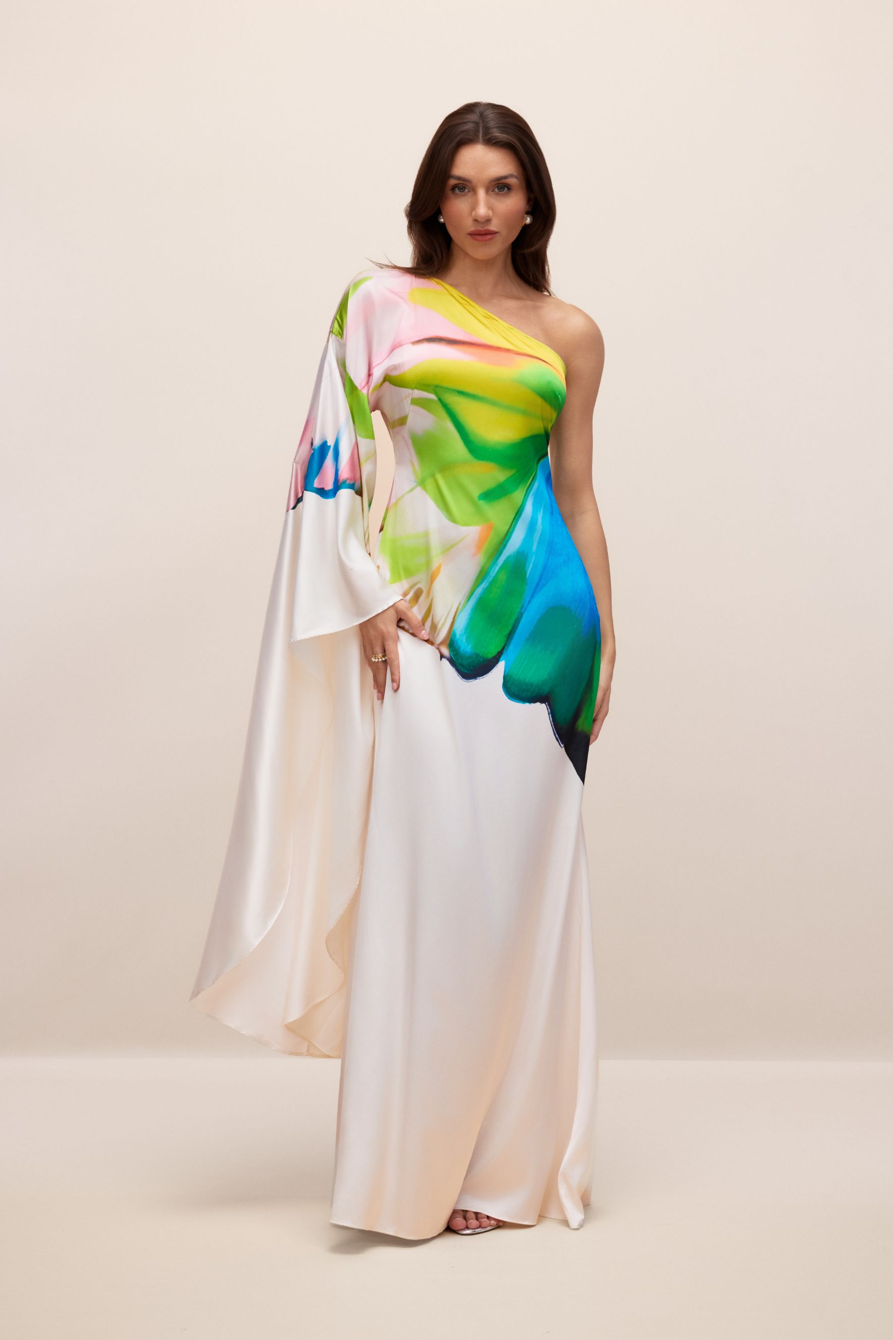 Renkli Desenli Tek Omuz Saten Maxi Elbise Zalle