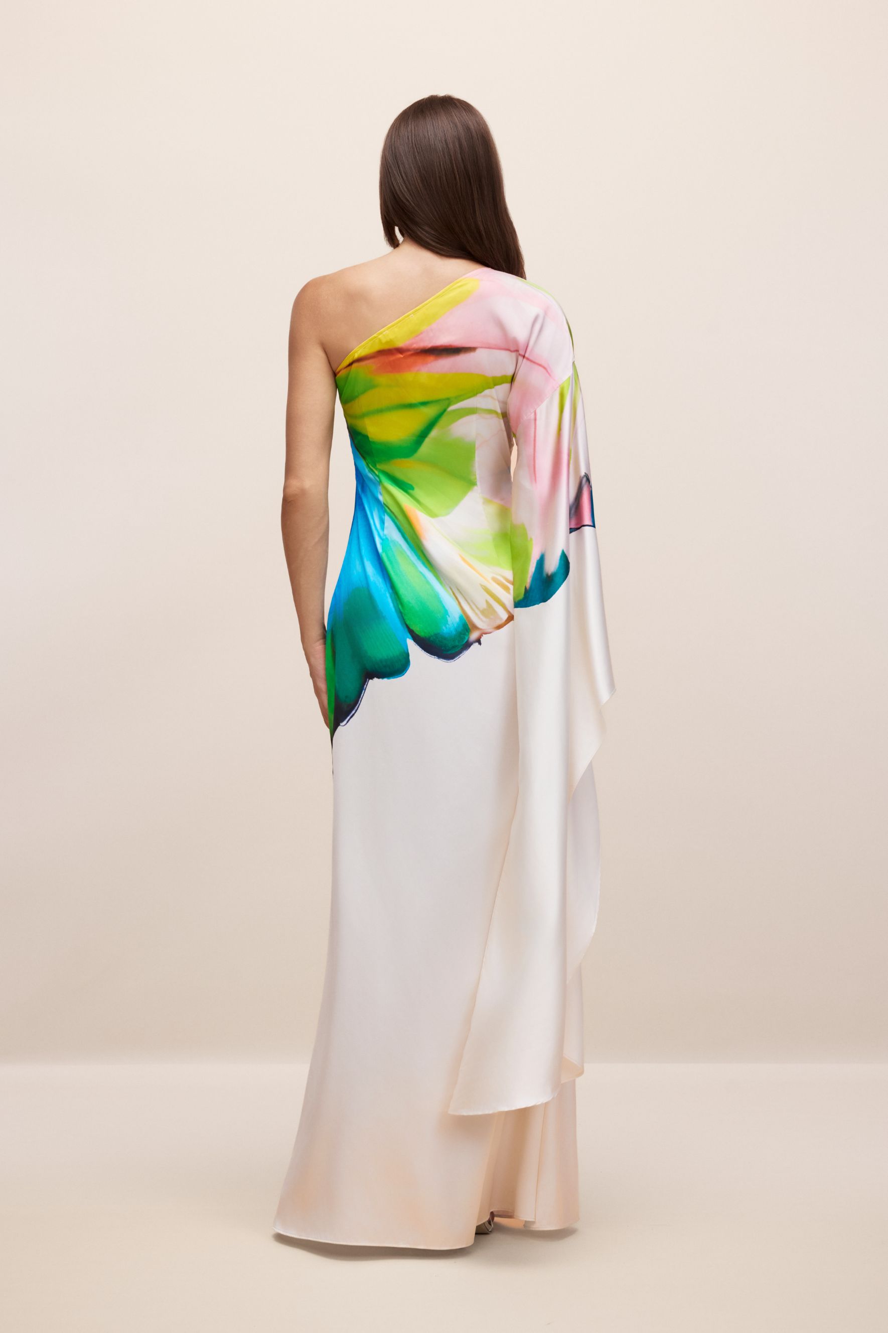 Renkli Desenli Tek Omuz Saten Maxi Elbise Zalle