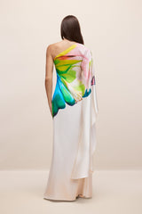 Renkli Desenli Tek Omuz Saten Maxi Elbise Zalle