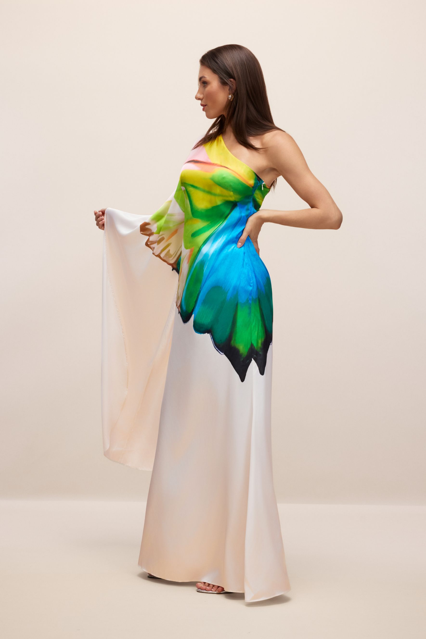 Renkli Desenli Tek Omuz Saten Maxi Elbise Zalle