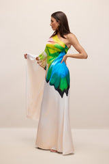 Renkli Desenli Tek Omuz Saten Maxi Elbise Zalle