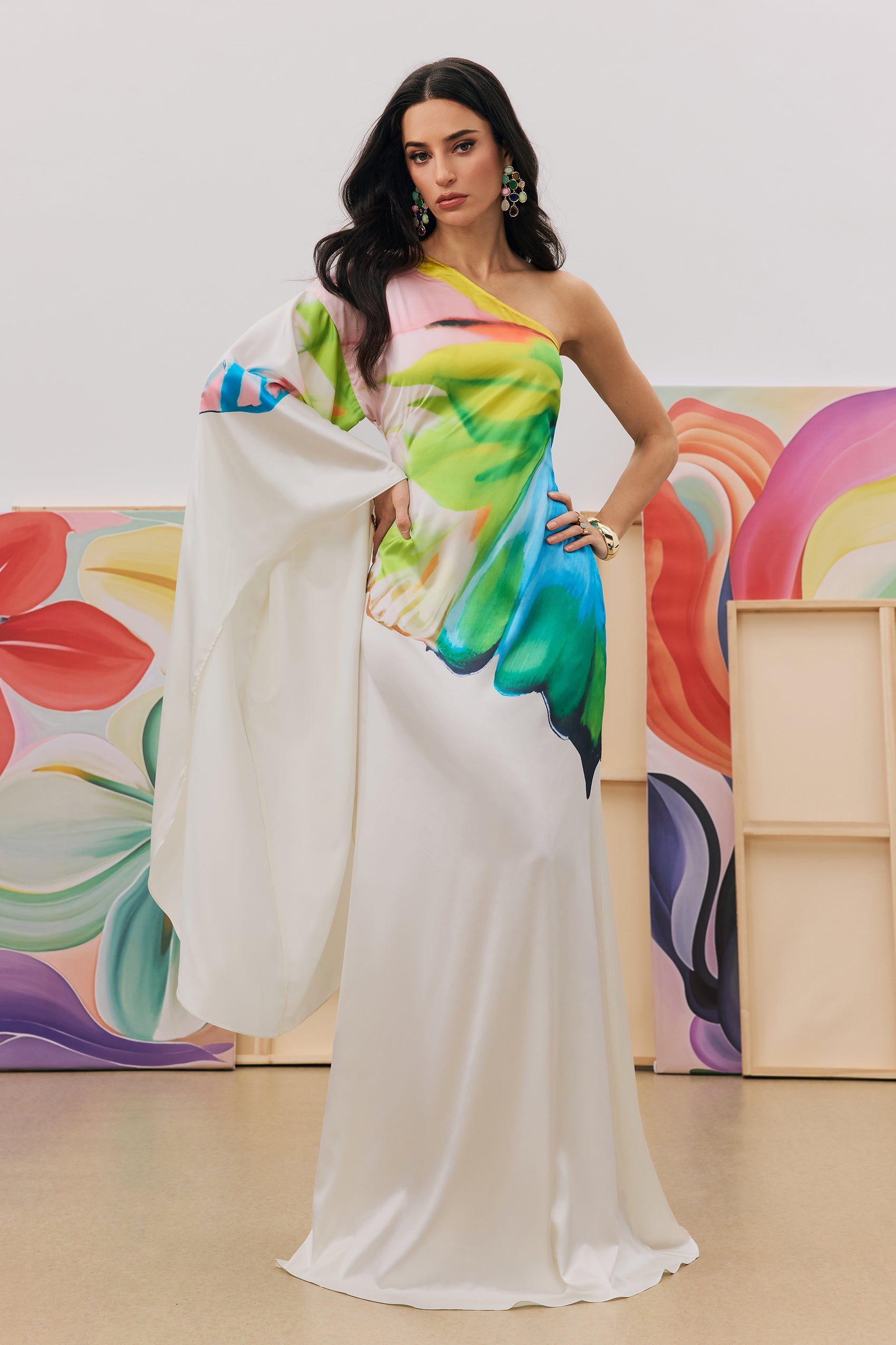 Renkli Desenli Tek Omuz Saten Maxi Elbise Zalle