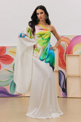 Renkli Desenli Tek Omuz Saten Maxi Elbise Zalle