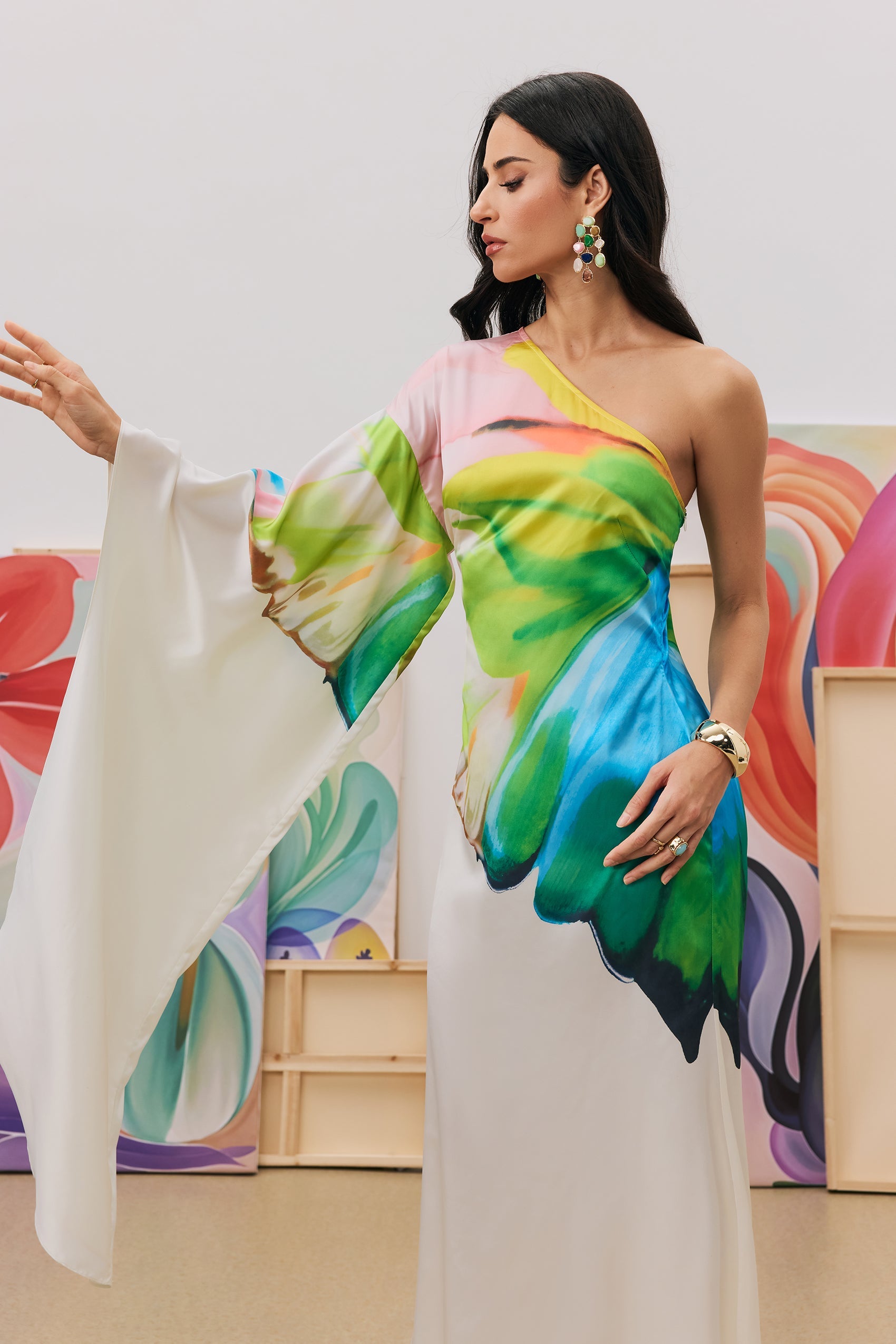 Renkli Desenli Tek Omuz Saten Maxi Elbise Zalle