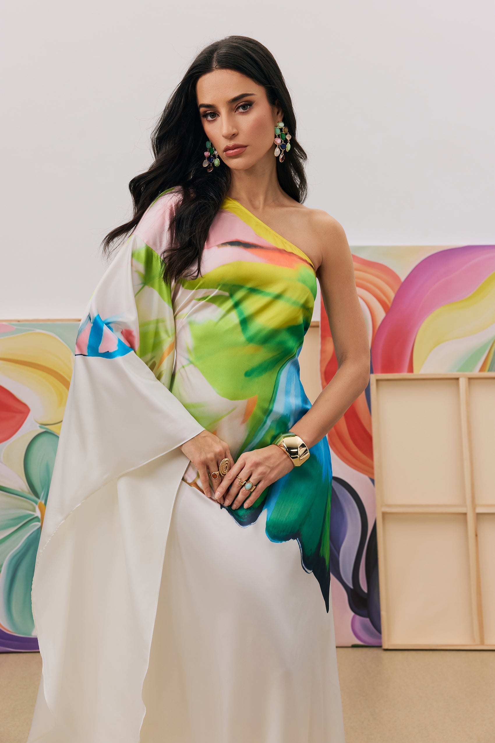 Renkli Desenli Tek Omuz Saten Maxi Elbise Zalle