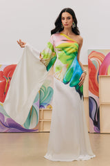 Renkli Desenli Tek Omuz Saten Maxi Elbise Zalle