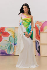 Renkli Desenli Tek Omuz Saten Maxi Elbise Zalle