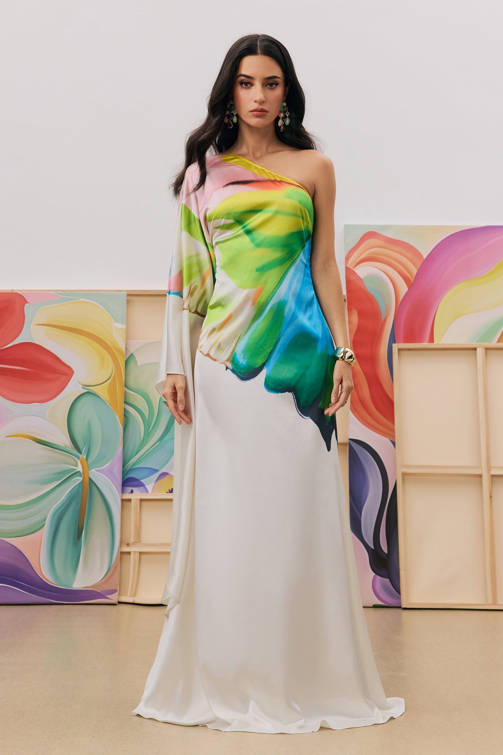 Renkli Desenli Tek Omuz Saten Maxi Elbise Zalle