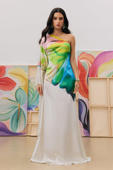 Renkli Desenli Tek Omuz Saten Maxi Elbise Zalle