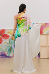 Renkli Desenli Tek Omuz Saten Maxi Elbise Zalle