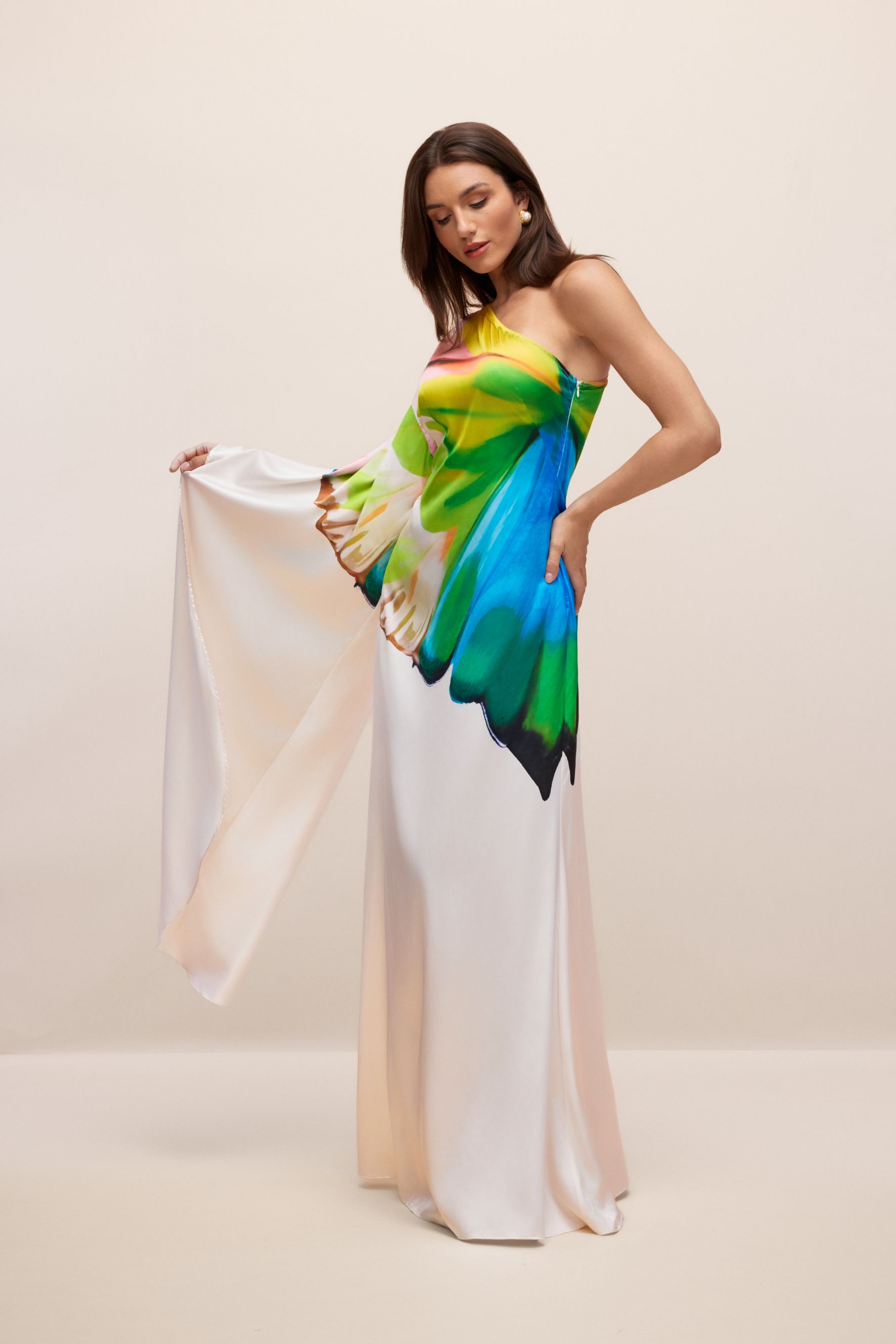 Renkli Desenli Tek Omuz Saten Maxi Elbise Zalle