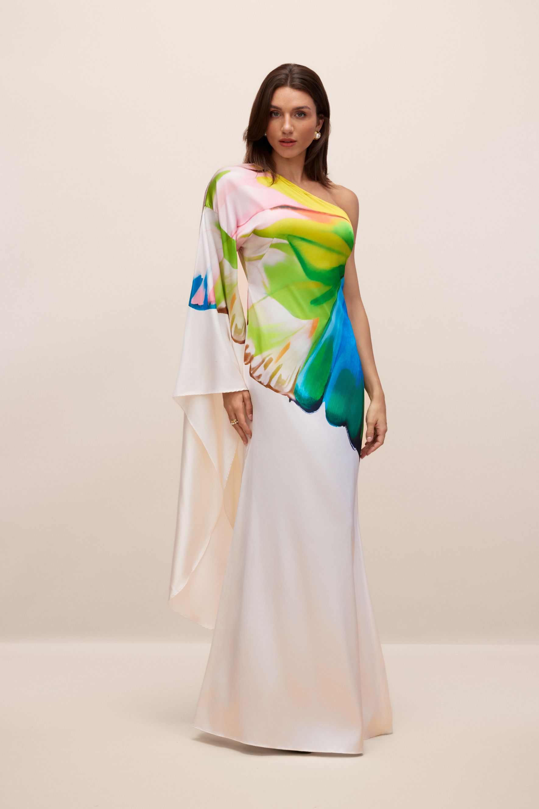 Renkli Desenli Tek Omuz Saten Maxi Elbise Zalle