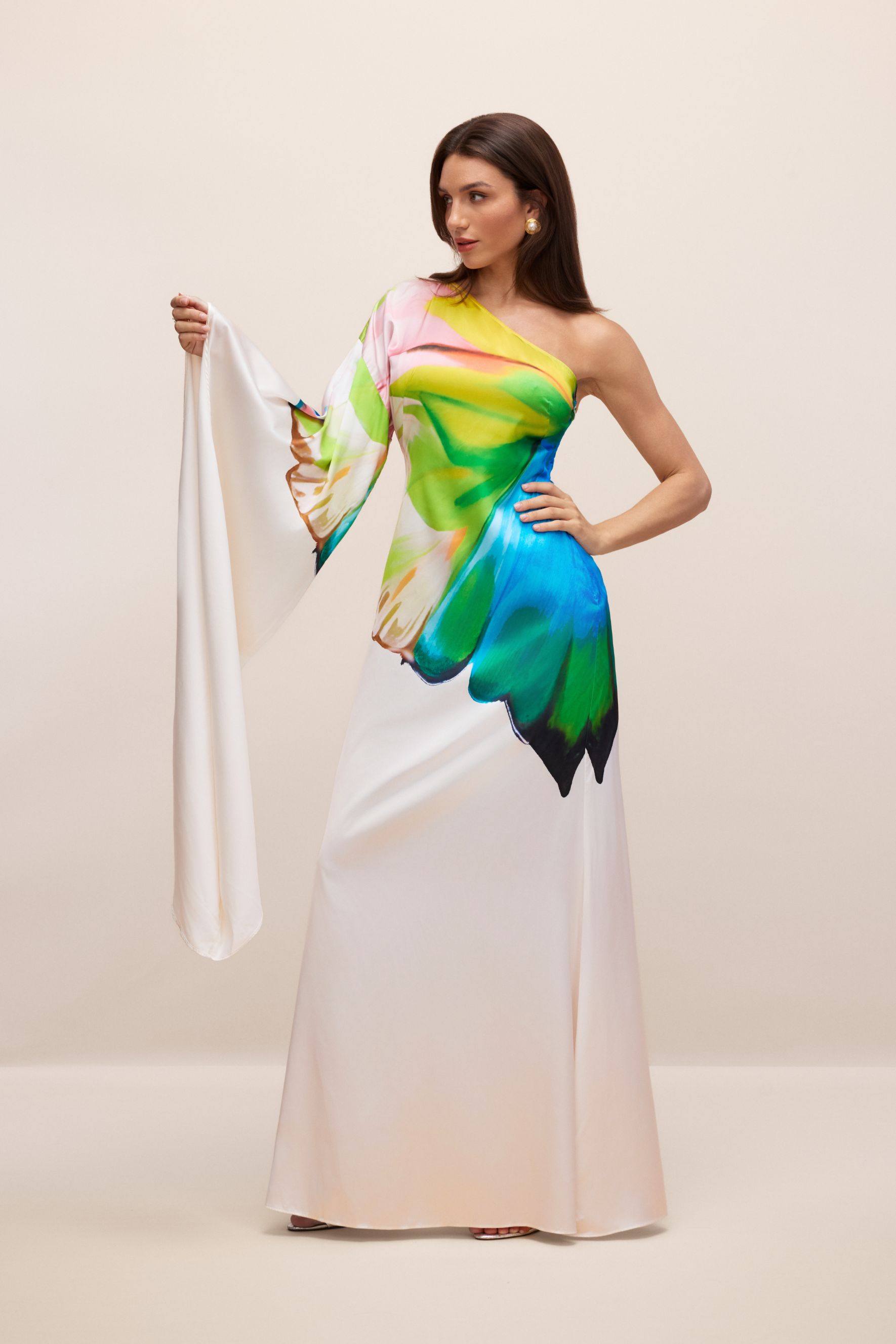 Renkli Desenli Tek Omuz Saten Maxi Elbise Zalle