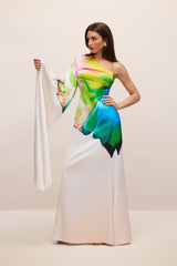 Renkli Desenli Tek Omuz Saten Maxi Elbise Zalle